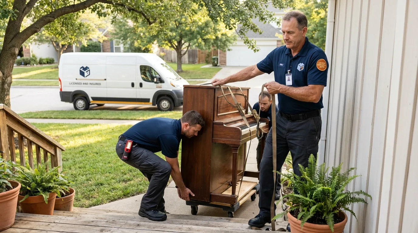 Licensed piano movers securing grand piano in Chalmette, LA