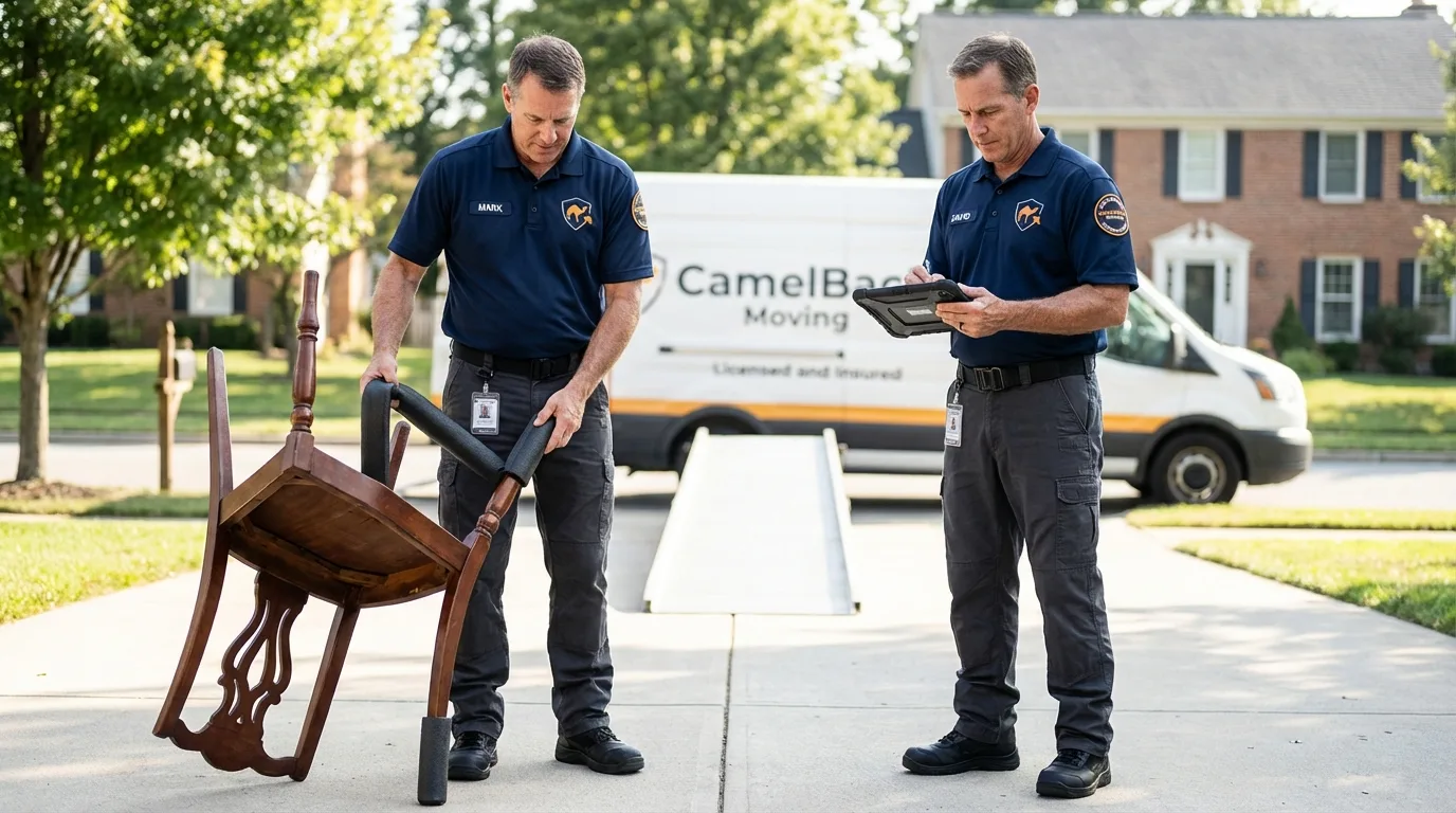 Movers inspecting furniture for damage prevention before loading in Chalmette, LA