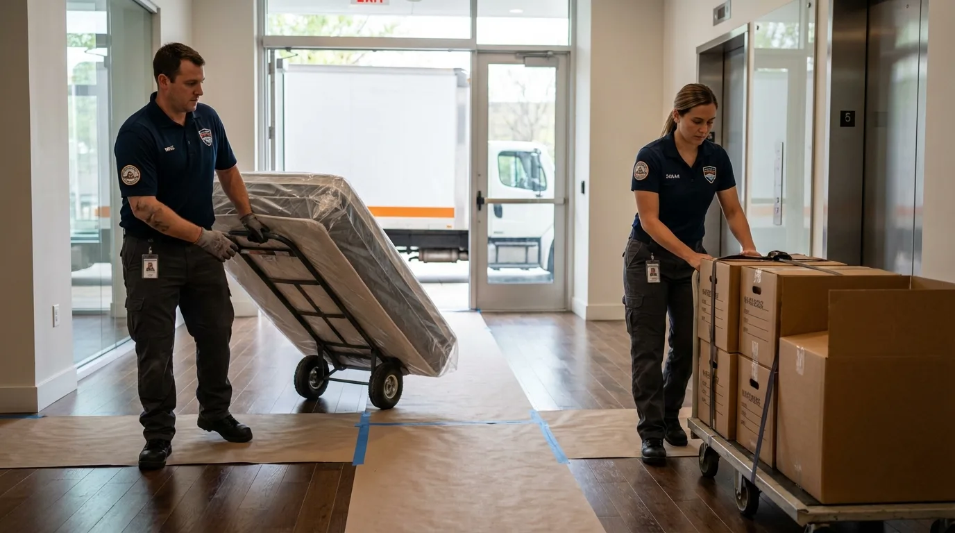 Professional apartment movers loading elevator in Chalmette, LA